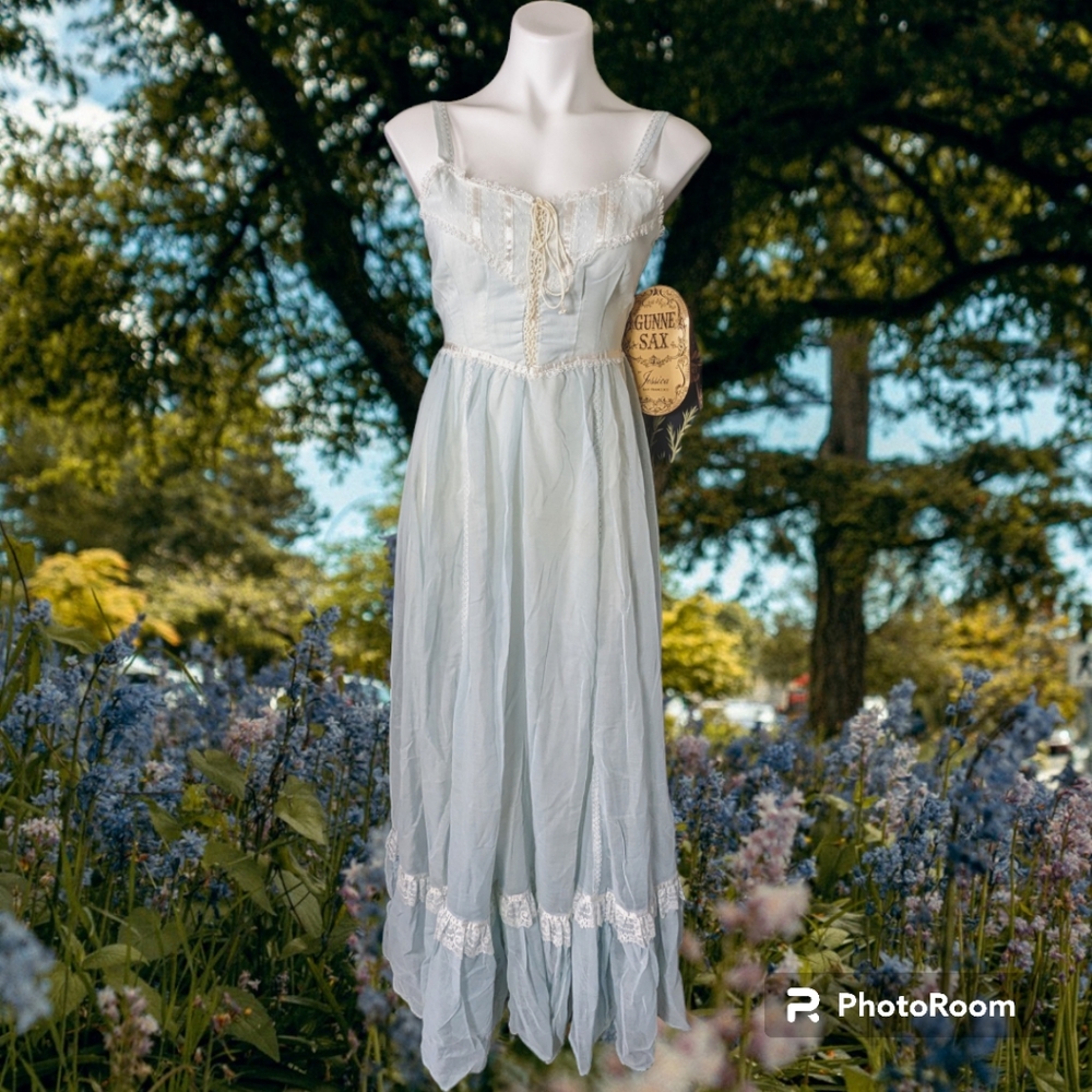 Nwt vintage gunne sax dress baby blue lace maxi xs 0 deadstock 70s 80s 5